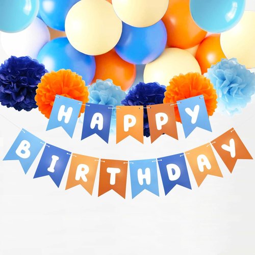 Runhiskii Blue and Orange Birthday Banner, Happy Birthday Banner Blue Orange Party Decorations for Boys, Kids Birthday Decoration Boys’ 1st Birthday Decor