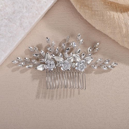Teyglen Silver Rhinestone Headpiece Vintage Flower Wedding Hair Comb Crystal Bridal Side Comb Flower Leaf Hair Piece Hair Accessories Jewelry for Women (Silver)