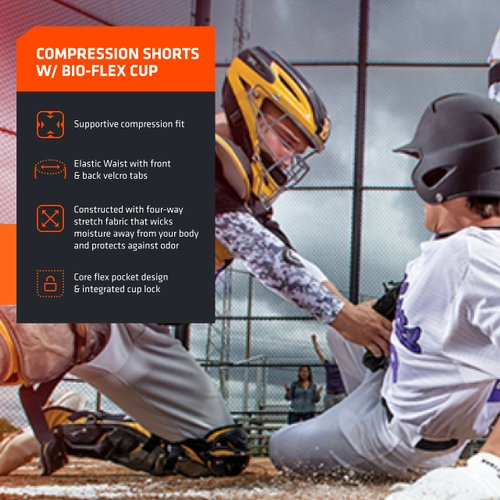 Shock Doctor Compression Shorts with Protective Bio-Flex Cup, Moisture Wicking Vented Protection, Youth Size White