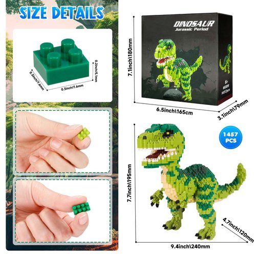 Aigidusansu Jurassic Dinosaur Micro Building Blocks, 1457pcs Velociraptor Tyrannosaurus Rex DIY Mini Diamond Blocks Bricks Toy for Boys Age 8-12 14+ Teens Adults