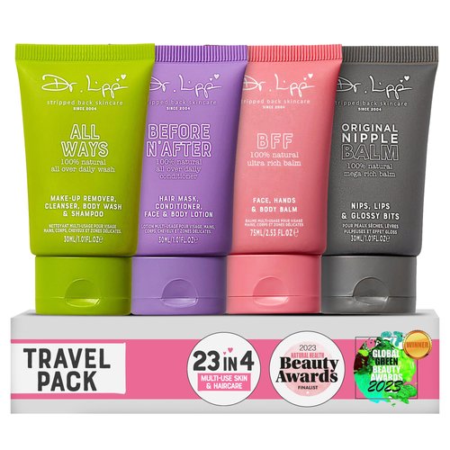DR. LIPP Travel Pack 4x30ml – 23-in-4 Multi-Use Face & Body Wash, Face & Body Lotion, Hair Shampoo & Conditioner, Nipple & Lip Balm & much more – 100% Natural Skin Care Set – Fragrance & Cruelty Free