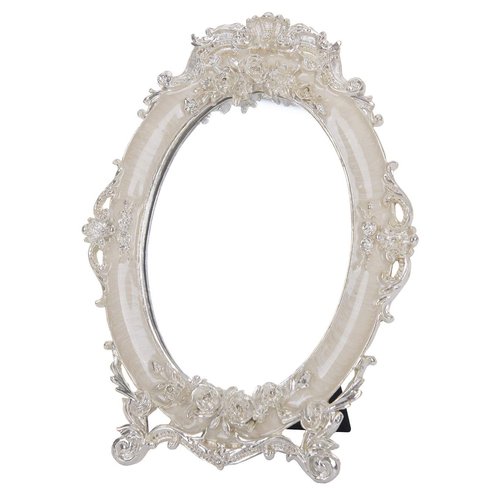 Nerien Decorative Vintage Tabletop Mirror, Retro Metal Countertop Vanity Makeup Mirror, Rose Embossed Antique Oval Coquette Mirror with Stand for Home Bedroom Dressers Living Room Bathroom, White