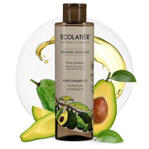 Natural Shampoo for Women - Nutrition & Strength with Organic Avocado Oil, 97.5% Natural, Vegan, Moisturizing, Hypoallergenic, Non-Toxic, all natural Shampoo, for All Hair Types - Ecolatier 8.5 Fl Oz
