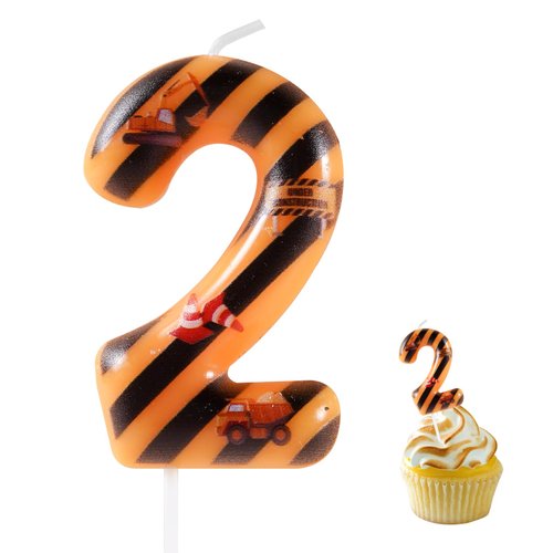 Construction 2nd Birthday Candle, Yellow and Black Stripes Number 2 Cake Candle Birthday Cake Topper for Construction 2nd Birthday Party Decorations