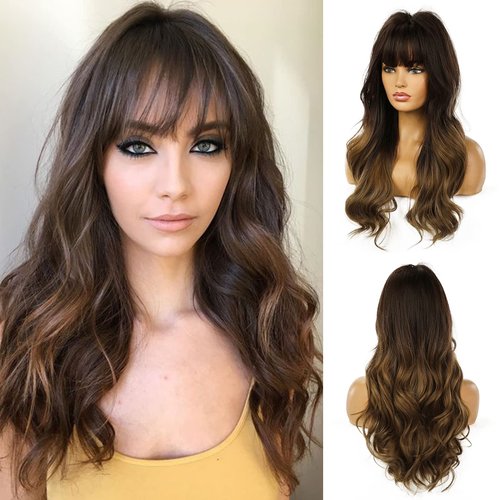 Esmee 24&quot; Long Wig Synthetic Wigs for Women Dark Roots Long Wig with Bangs Brown Ombre Wavy Hair ...