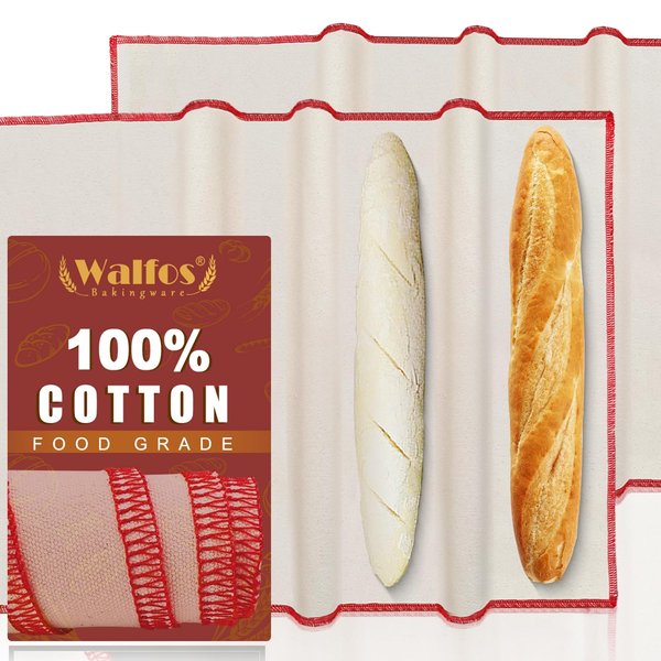 Walfos Bakers Couche and Proofing Cloth, 2PCS（29" X 17" ） 100% Cotton Fabric for Bread Dough Baking Shaping Tool for Baguettes, Loaves and Ciabatta