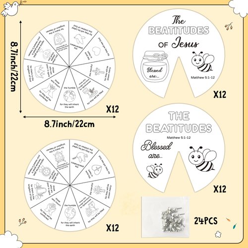 COcnny Religious Coloring Wheel Craft - 24 Sets Beatitudes Christian Craft for Kid, Color Your Own Jesus Art Kit, Biblical Bee DIY Crafts for Sunday School Classroom Church Activities VBS Supplies