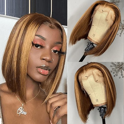 CLong Highlight Ombre Lace Front Wig Human Hair, 12 inch 13x4 Lace Wig Transparent 4/27 Short Bob Wigs For Black Women Human Hair 150% Density (4/27 Bob Wig,12inch)