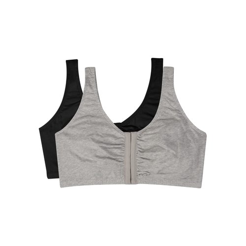 Fruit of the Loom womens Front Closure Cotton Sports Bra, Black Hue/Gheather Grey 2-pack, 40 US