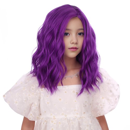 Edivd Dark Purple Wig for Girls Short Purple Side Part Wig for Kids Short Purple Curly Wavy Wig for Child Heat Resistant Synthetic Wig with Wig Cap