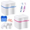 2 Denture Bath Cases Denture Cups with 2 Denture Cleaner Brushes Denture Boxes Dentures Container with Basket Denture Holder Brush Retainer Case for Travel Retainer Cleaning (Blue, Red, Purple)