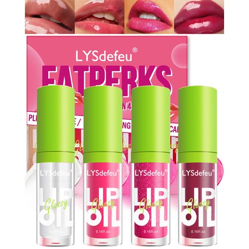 LYSdefeu 4 Colors Lip Oil Lip Glaze,Hydrating Tinted Plumping Lip Gloss,Clear Pink Shiny Glow Reviver Lip Care Oil,Longlasting Non-sticky Transparent Lip Oil,Christmas Makeup Gift Kit for Women-SetA