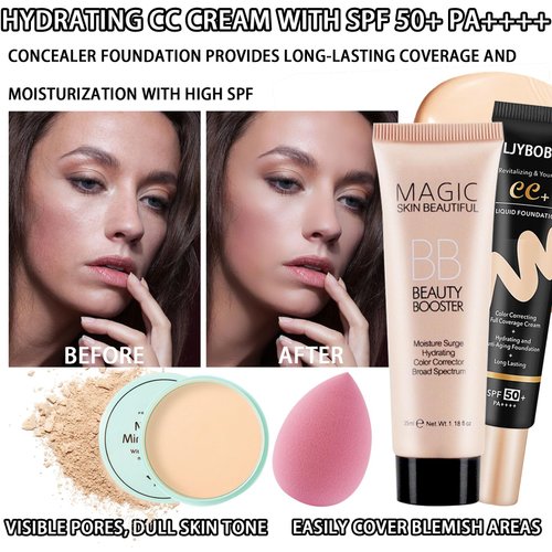 Hydrating CC Cream with Makeup Sponge,Waterproof Flawless Concealer Full Coverage BB Cream and Loose Setting Powder,Long Lasting Full Coverage Liquid Foundation for Men & Women（3 Pcs）