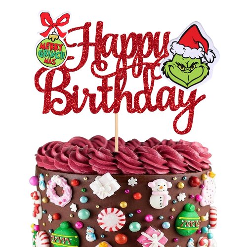 1 PCS Glitter Grinch Happy Birthday Cake Topper Assembled Merry Christmas Grinch Cake Pick for Christmas Theme Baby Shower Kids Birthday Party Cake Decorations Supplies Red