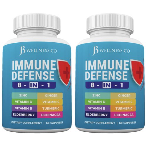 JB WELLNESS CO Immune Support 8 in 1 Capsules - Zinc Supplement, Vitamin D3 5000 IU, Vitamin C 1000MG and Elderberry - Immune Booster Ginger Root, and Turmeric - [2-Pack]