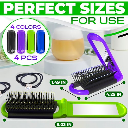 4 Pack Travel Brushes for Hair - Foldable Hair Brush Compact Hair Brush Pocket Folding with Mirror Travel Hair Folding Brush Purse Hair Brush Portable