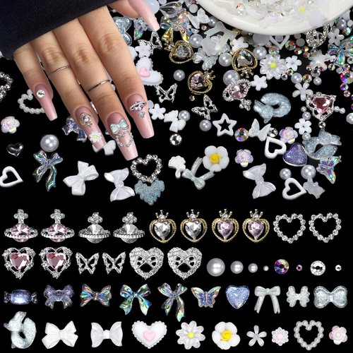 450Pcs 3D Heart Planet Butterfly Nail Rhinestones Gems Charms Alloy Butterfly White Flower Bow Nail Gems and Charms Mix Size White AB Rhinestones Nail Gems Pearls for Nail Art DIY Accessories