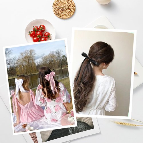 CUBACO 6PCS Hair Bow Clips for Women, Alligator Ribbon Hair Silky Satin Barrettes for Women Kawaii Accessories Bow Clips for Long Thick Hair for Girls Suitable for Birthday Gift (Black Pink)