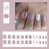 24 Pcs Press on Nails Short Lotus Root Pink Color Fake Nails Square with Glitter Designs Marble Pattern False Nails Glossy Acrylic Nails for Women Reusable Glue on Nails