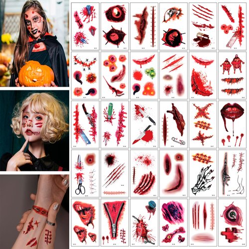 30 Sheets Halloween Temporary Tattoos, Zombie Makeup, Scar Wound Blood Bleeding Tattoo Stickers for Women Men Halloween Party Cosplay (HY-2)
