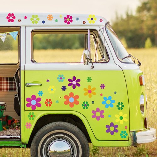 Zonon 96 Pieces Flower Car Decals Window Clings 60s 70s Hippie Stickers Groovy Daisy Flower Power Stickers Multicolored Decals Vinyl Retro for Window Laptop Car Wall Decoration