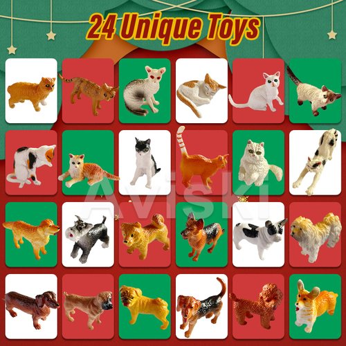 Christmas Advent Calendar Cat Dog Figurines - 2024 Christmas Holiday Gift Animals for Kids and Adults, 24 Boxes Countdown Calendar to Christmas Centerpiece Home Decorations