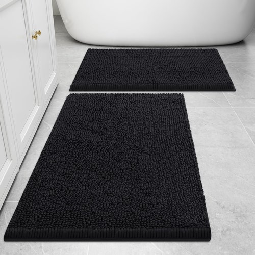 smiry Bathroom Rugs and Mats Set, 2 Piece Chenille Bath Mat Set, Machine Wash Dry, Non Slip Absorbent Shaggy Bath Rug for Bath Room, Shower and Tub (30" x 20"+24" x 16", Black)
