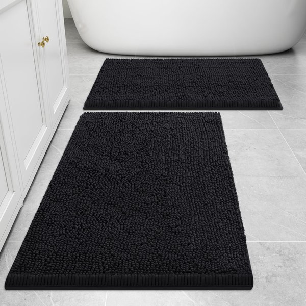 smiry Bathroom Rugs and Mats Set, 2 Piece Chenille Bath Mat Set, Machine Wash Dry, Non Slip Absorbent Shaggy Bath Rug for Bath Room, Shower and Tub (30" x 20"+24" x 16", Black)