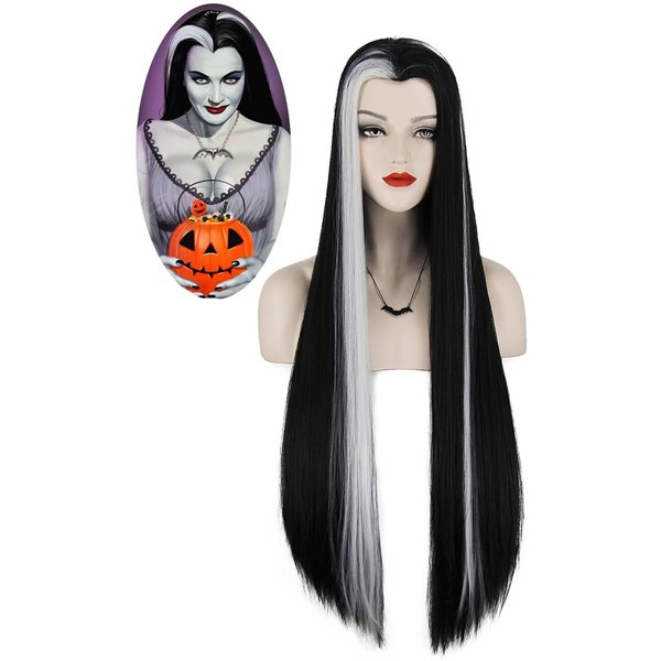Mildiso Lily Munster Wig Long Wigs for Munster Costume Balck White Hair Wig with Wig Caps Cute Colored Wig for Party Halloween M086BW
