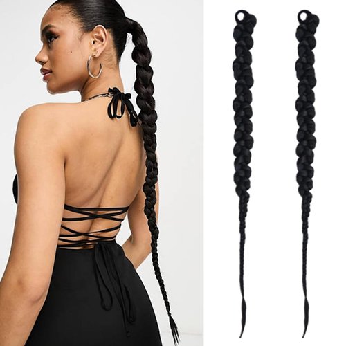 2 Pcs Long Braid Ponytail Extension with Hair Tie for Women Long Straight Wrap Around Hair Extensions Pony Tail 28 Inch Natural Black Soft Synthetic Hair Piece Braided Fake Hairpieces for Daily Wear
