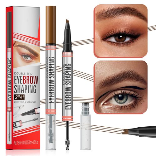 （2 Pcs）2-in-1 Microblading Eyebrow Pen With 4-Fork-Tip Brow Pen + Sealing Brow Gel, Eyebrow Makeup Pen for Natural Hair-Like Brows, Waterproof Eyebrow Pencils, Last All-Day (Light brown+Dark brown)