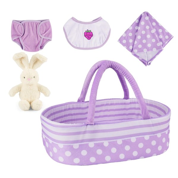 BABESIDE 5 Pcs Reborn Baby Doll Bassinet for 17-22 Inch Baby Dolls, Soft Baby Doll Crib Bed Accessories fit Newborn Baby Doll Girl, Purple