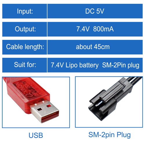 KBT 2-Pack SM-2P USB Charger Cable with LED Indicator Light & Build-in Protection Chips, 3.7V 800mA Charging Speed for RC Car Boat Gel Ball Blaster Li-ion & Li-Polymer Battery