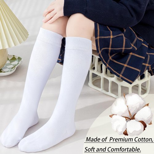 Mini angel Girls Knee High Socks Seamless Boys School Uniform Socks Kids Soccer Socks Cotton Long Socks 8-10 Years, 3 Pairs (White, L)