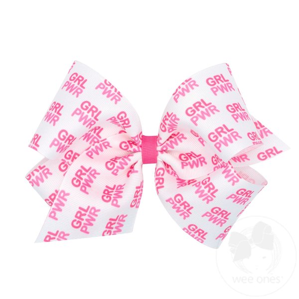 Wee Ones Girls' Think Pink! Breast Cancer Awareness Grosgrain Hair Bow, Girl Power Print, Size King