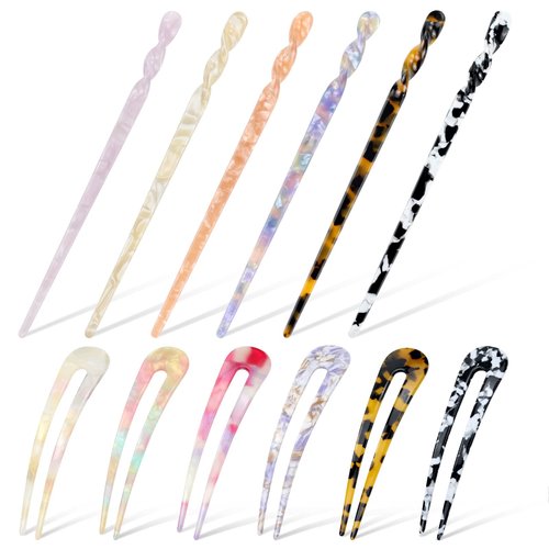 Dizila 12 Pack Retro Vintage Chinese Leopard Print Acetate Hair Sticks Chopsticks Forks & Tortoise Shell U-shaped Hair Pins Accessories for Women Girls Updos Buns