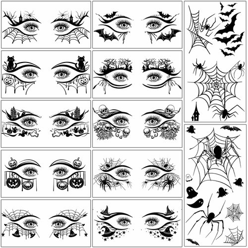 Hotoyannia 12 Sheets Halloween Face Temporary Tattoos Stickers, Halloween Face Fake Tattoos Spider Web Bat Eyeliner Eye Shadow Tattoos Halloween Makeup Kit For Women Girls Halloween Masquerade Party