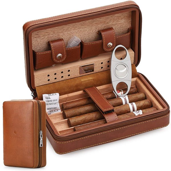 Time C Club 4-Finger Portable Travel Leather Cigar Case, Cigar Cutter, Cigar Humidor with Cigar Cutter and Humidifier, Groomsmen Gift, Birthday Gift