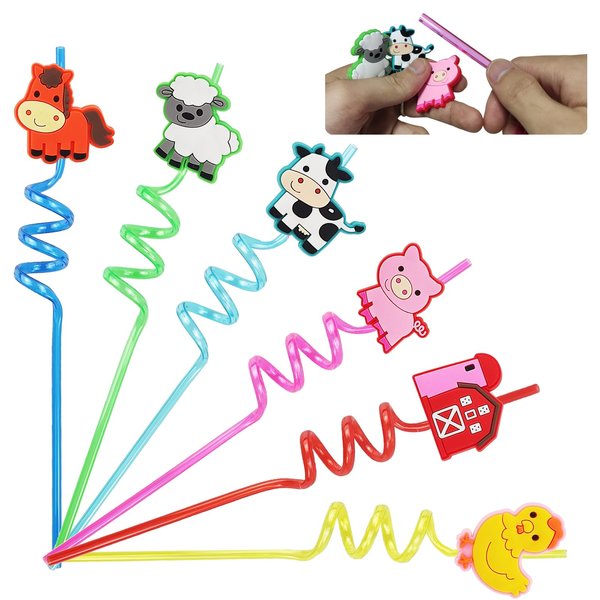 24 PC Farm Animal Drinking Straws,Farm Animal Party Favors Classroom Favors Monster Theme Drinking Straws Goodie Gifts for Kids Adults Farm Animal Party Supplies with 2 PC Cleaning Brushes