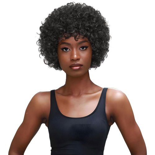 LUXLUSH Afro Wig Human Hair Wear and Go Glueless 70s Afro Wig Kinky Curly Afro Puff Wigs Full Wigs for Party Cosplay Short Human Hair Wigs for Women Natural Black