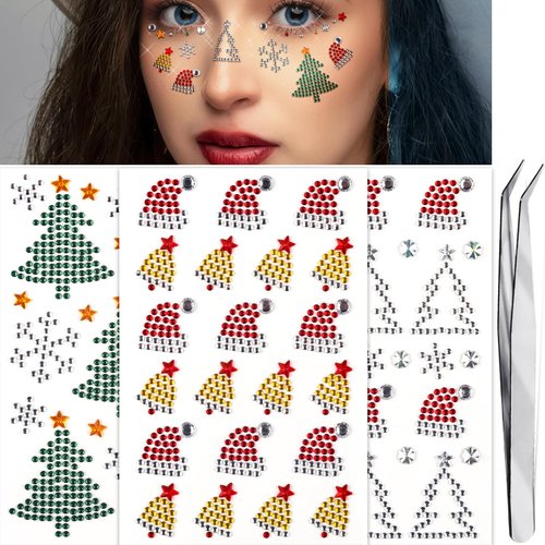 3Pack Christmas Face Rhinestone Sticker Self Adhesive Gems Stick on Christmas Tree Santa Face Jewels Tattoo Stickers Crystal for Body Nails Crafts Makeup Winter Holiday Xmas Decoration