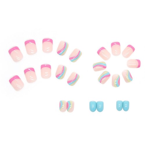 IMSOHOT Square Press on Nails Short French Tips Fake Nails Pink Blue Acrylic False Nails with Rainbow Designs Full Cover Glossy Glue on Nails for Women and Gilrs 24Pcs