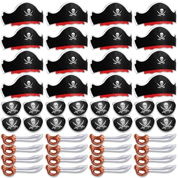 Legigo 48 Pcs Fancy Dress Set - 16 Felt Pirate Hats, 16 Eye Patches, 16 Inflatable Swords for Kids' Caribbean Themed Party