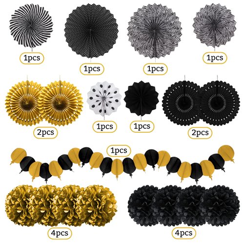 Recosis Black and Gold Decorations, Paper Pompoms Fan for Graduation Birthday Wedding Prom Night New Years Black and Gold Party Decorations