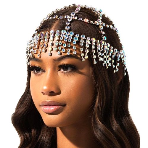 NAISKA 1920s Mesh Rhinestone Headband Cap Silver Tassel Crystal Head Chain Wedding Brides Headpieces Vintage Prom Costume Halloween Style Hair Accessories Jewelry for Women and Girls