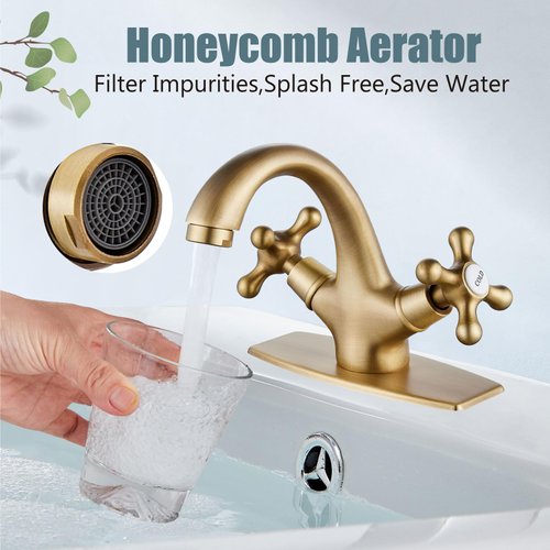 Aolemi Bathroom Sink Faucet Antique Brass Single Hole Cold and Hot Double Handle Cross Knobs Vanity Vessel Sink Basin Mixer Tap with Pop Up Drain with Overflow and Deck Cover Plate