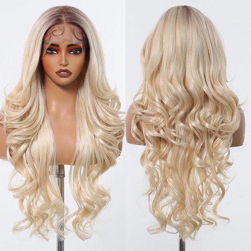 Allbell 13x6 HD Glueless Lace Front Wigs Ombre 613 Blonde Long Body Wave Synthetic Lace Wig for Women，Wear and Go Wig Wig with Pre Plucked Natrural Hairline and Baby Hair(26IN)