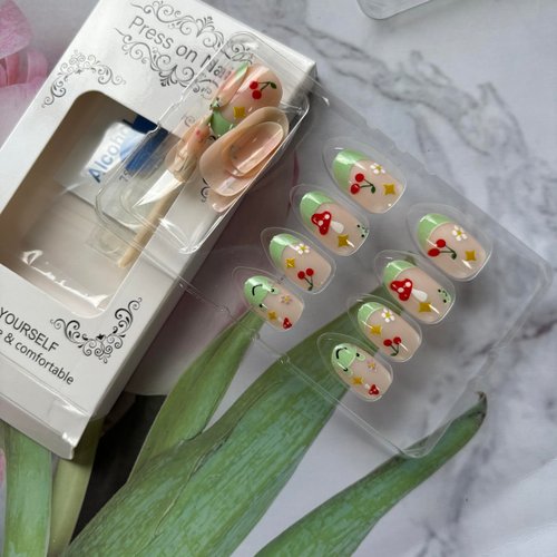 French Tip Press on Nails Pink Fake Nails Short Almond False Nails with Cute Frog Tip Designs Nude Pink Glue on Nails Cherry Flower Stick on Nails Full Cover Summer Acrylic Nails Cute Artificial Nails