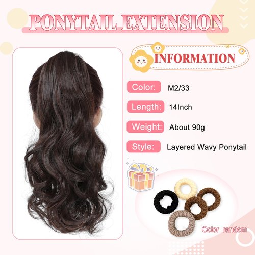 Cesomeey Ponytail Extension, 14 Inch Claw Clip in Ponytail Extension for women, Layered Wavy Hair Ponytail Extension, Soft Natural Looking Synthetic Hair Piece for Women (M2/33#-Dark Brown, 14Inch)