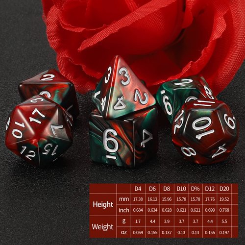QMAY DND Dice Set - Polyhedral Dice (Red Mix Green) 7 Pcs for Dungeon and Dragons D&D RPG Role Playing Games Dice with Dice Bag
